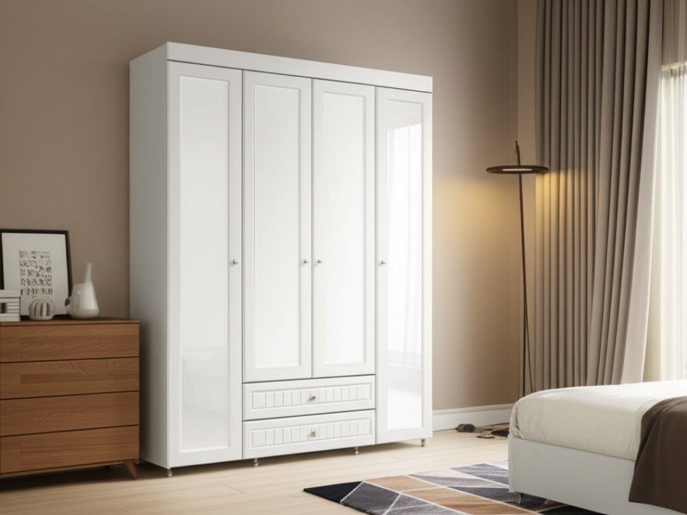 Шкаф 4-х дверный с ящиками и 4-я зеркалами Монако МН-64 белое дерево