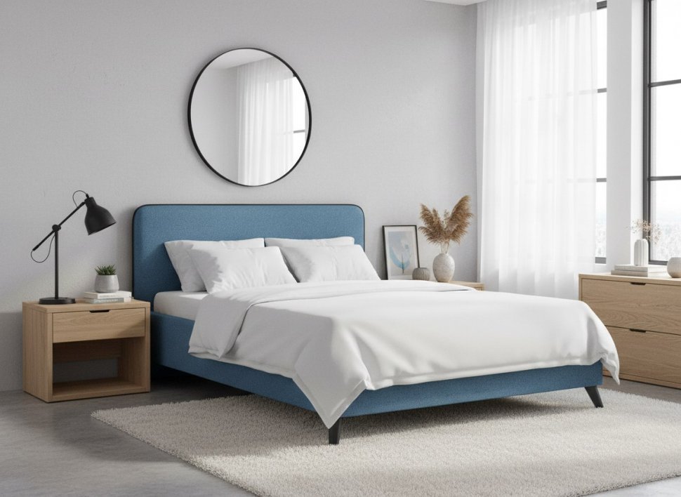 Миа кровать 140 Bravo blue (светло-синий) / кант Лайт 10 Велюр (коричневый)