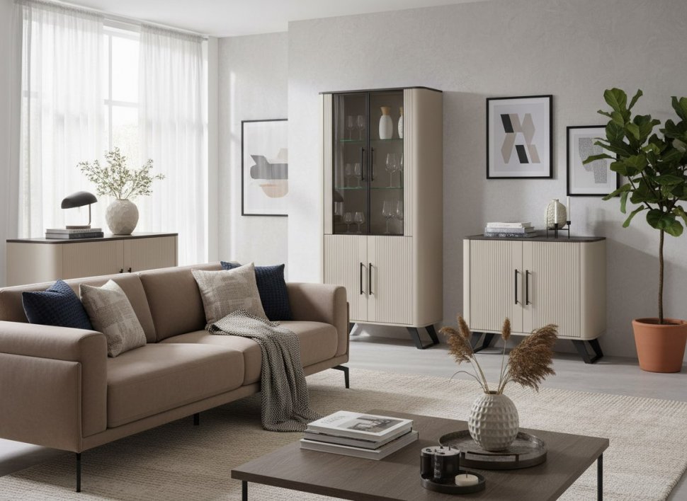 Фиделия шкаф витрина 76.01 серый камень / мрамор черный