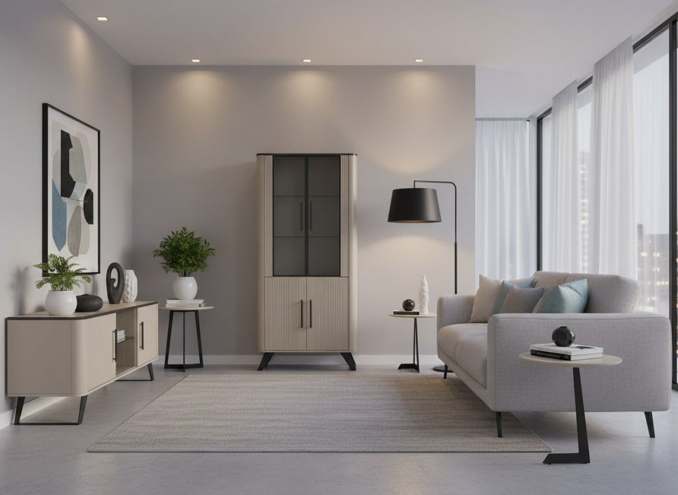 Фиделия шкаф витрина 76.01 серый камень / мрамор черный