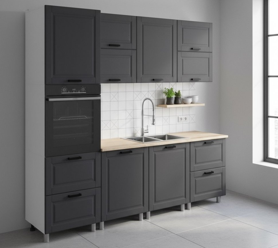 Кухня Аленушка 2,4м Астра Сталь,скоба черный,сонома