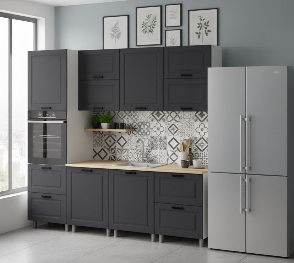 Кухня Аленушка 2,4м Астра Сталь,скоба черный,сонома