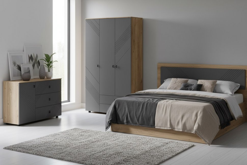 Шкаф трехстворчатый с ящиками Байкал, Дуб Золотой, Графит