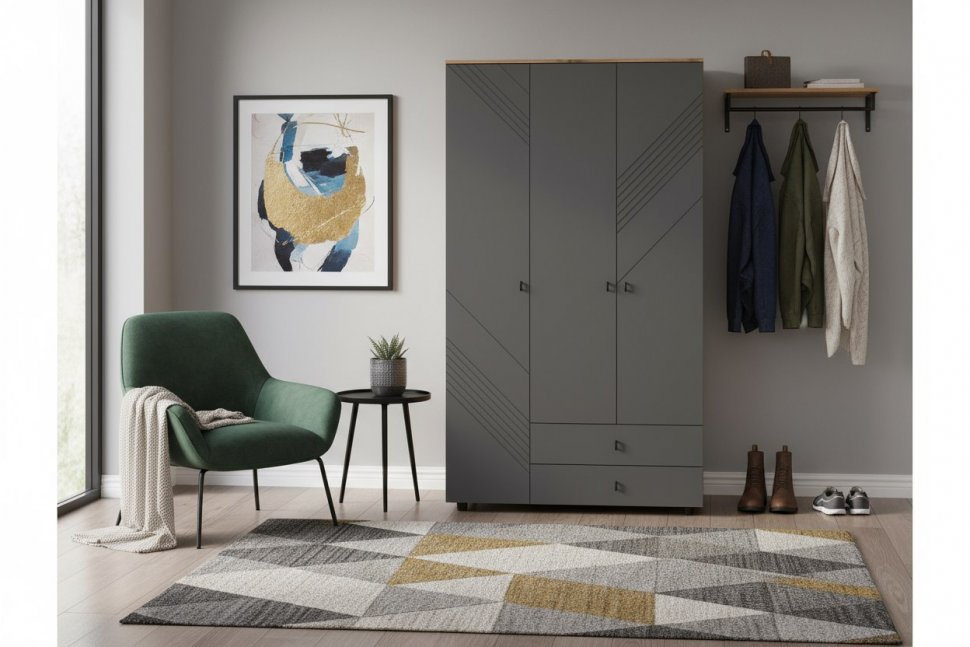 Шкаф трехстворчатый с ящиками Байкал, Дуб Золотой, Графит