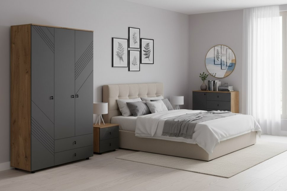 Шкаф трехстворчатый с ящиками Байкал, Дуб Золотой, Графит