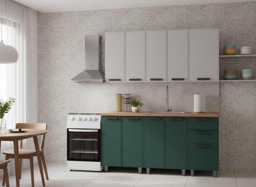 Кухня Аленушка 1,6м Магнолия Керамика/Изумруд, черный (без столешницы)