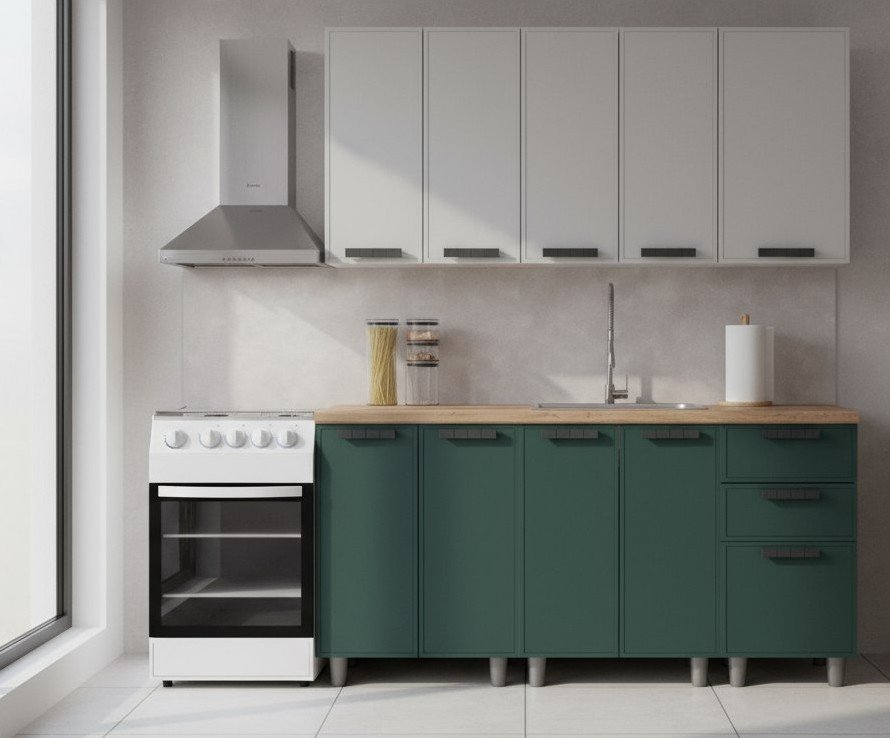 Кухня Аленушка 1,6м Магнолия Керамика/Изумруд, черный (без столешницы)