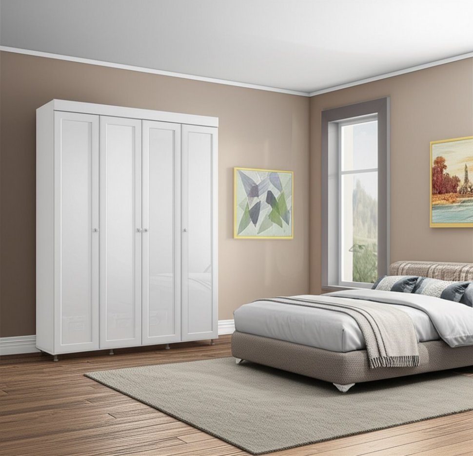 Шкаф 4-х дверный с 4-я зеркалами Монако МН-61 белое дерево