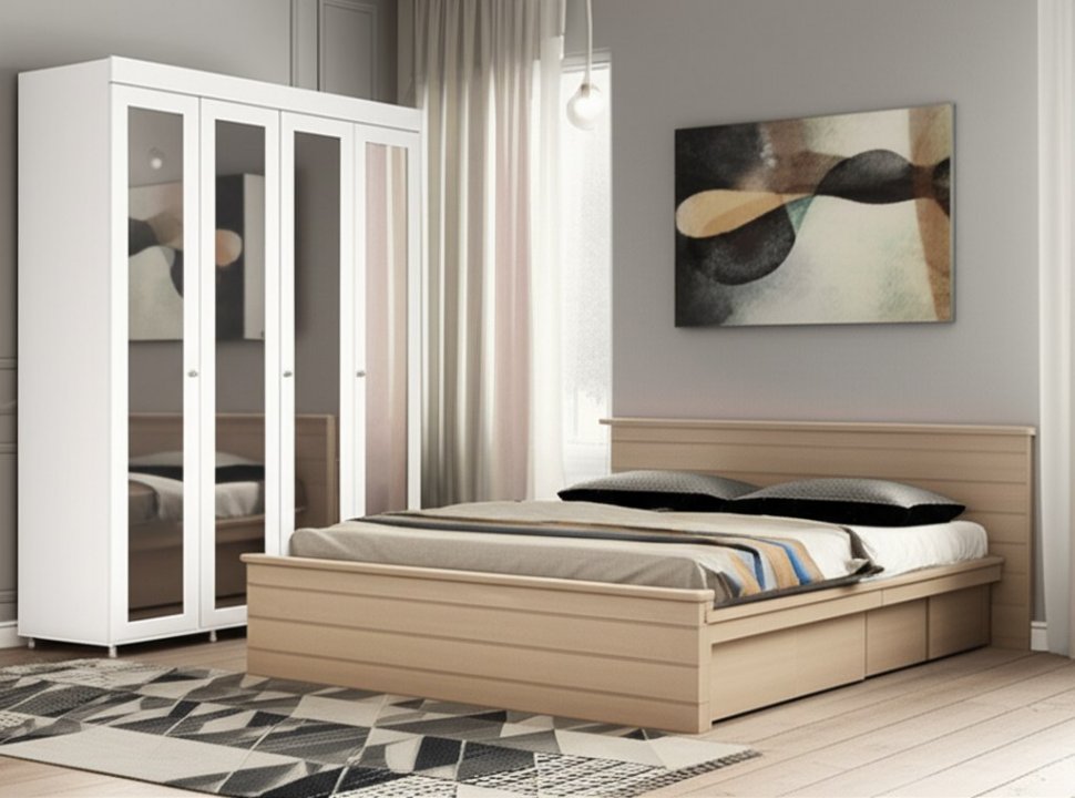 Шкаф 4-х дверный с 4-я зеркалами Монако МН-61 белое дерево