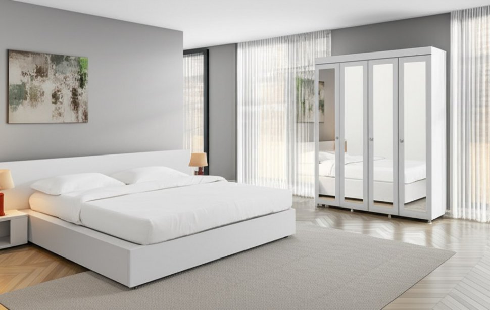 Шкаф 4-х дверный с 4-я зеркалами Монако МН-61 белое дерево