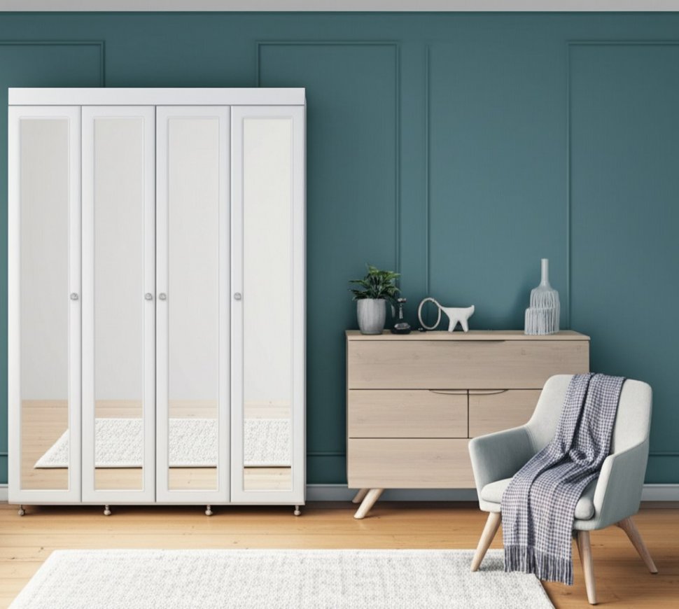 Шкаф 4-х дверный с 4-я зеркалами Монако МН-61 белое дерево