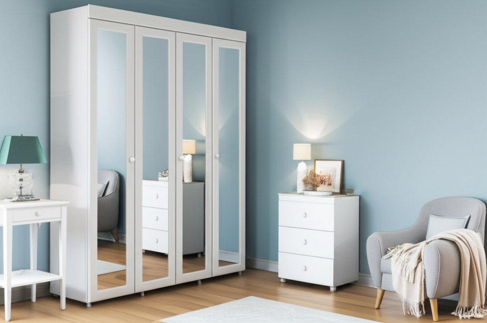 Шкаф 4-х дверный с 4-я зеркалами Монако МН-61 белое дерево