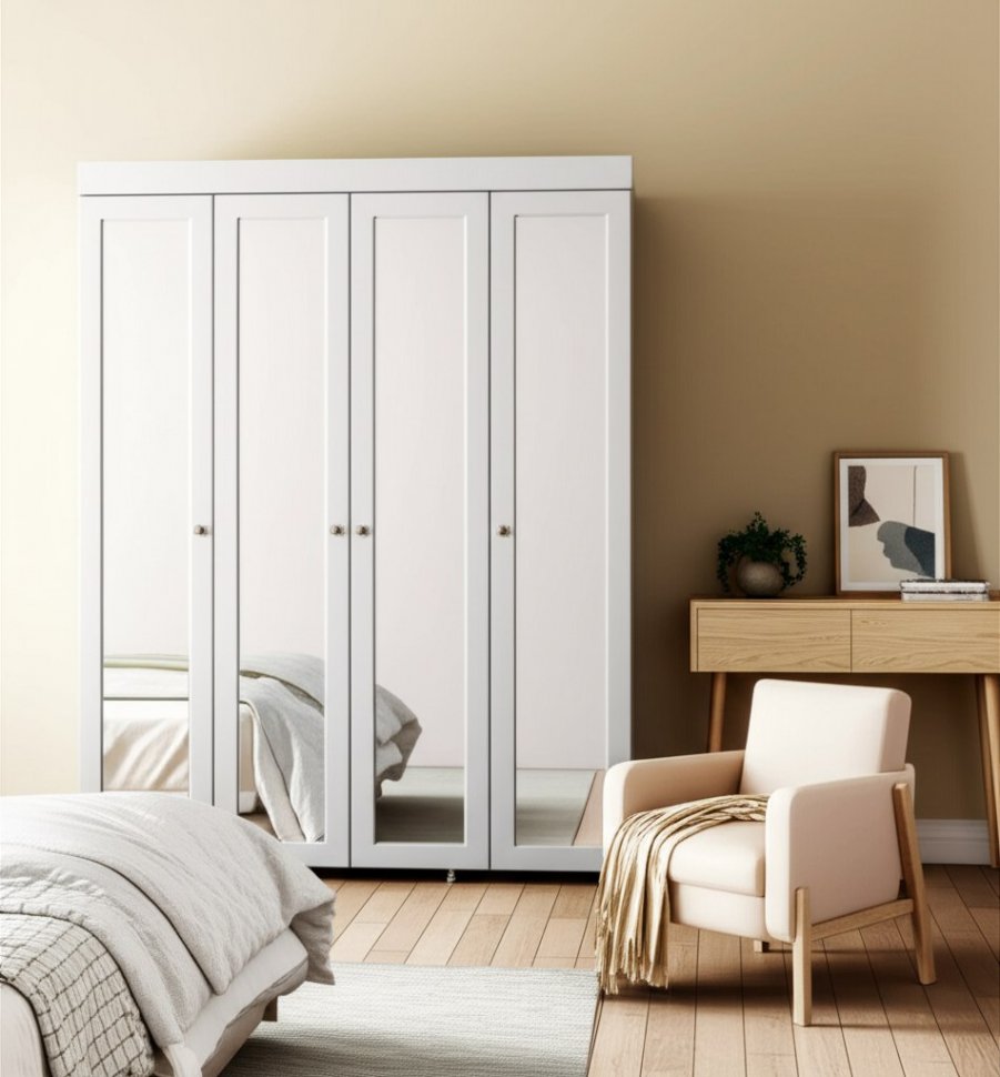 Шкаф 4-х дверный с 4-я зеркалами Монако МН-61 белое дерево