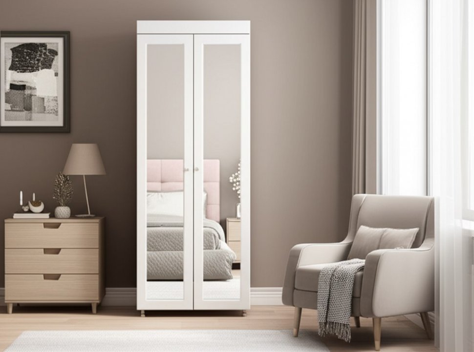 Шкаф 2-х дверный с зеркалами (гл.560) Монако МН-48 белое дерево