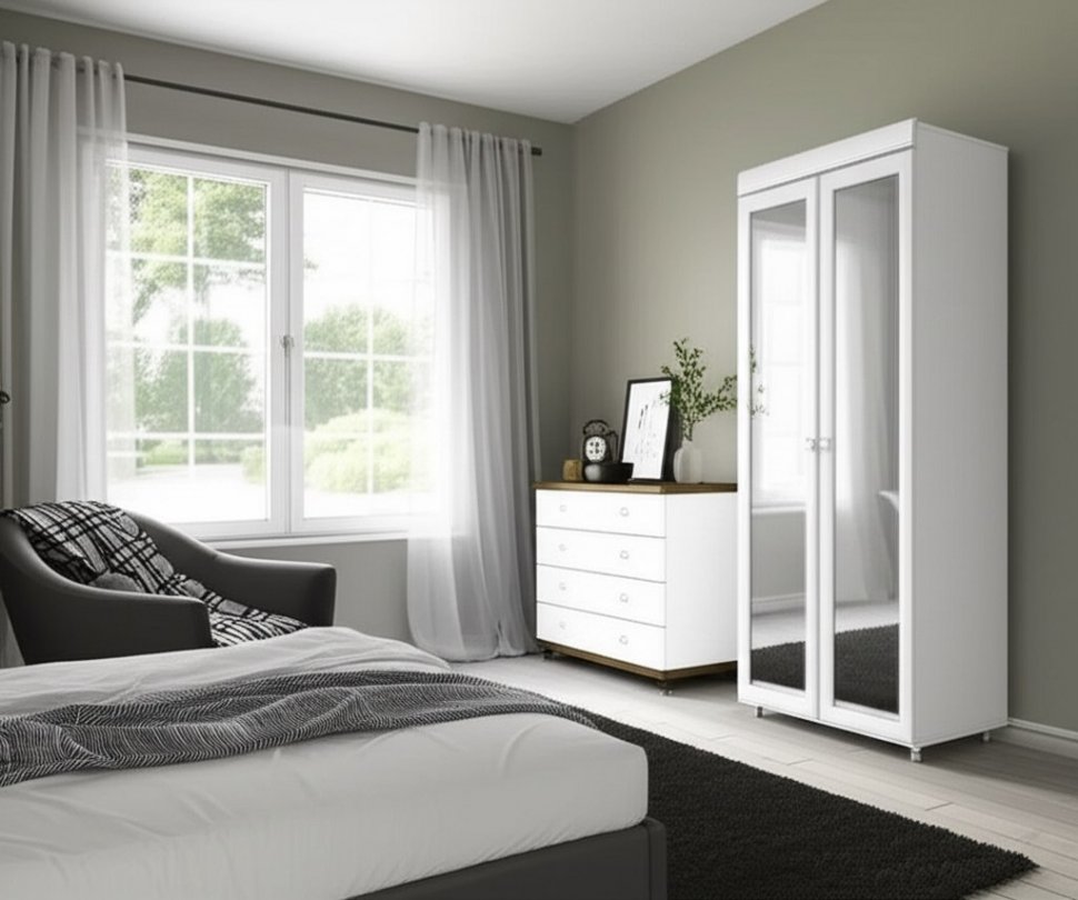 Шкаф 2-х дверный с зеркалами (гл.560) Монако МН-48 белое дерево