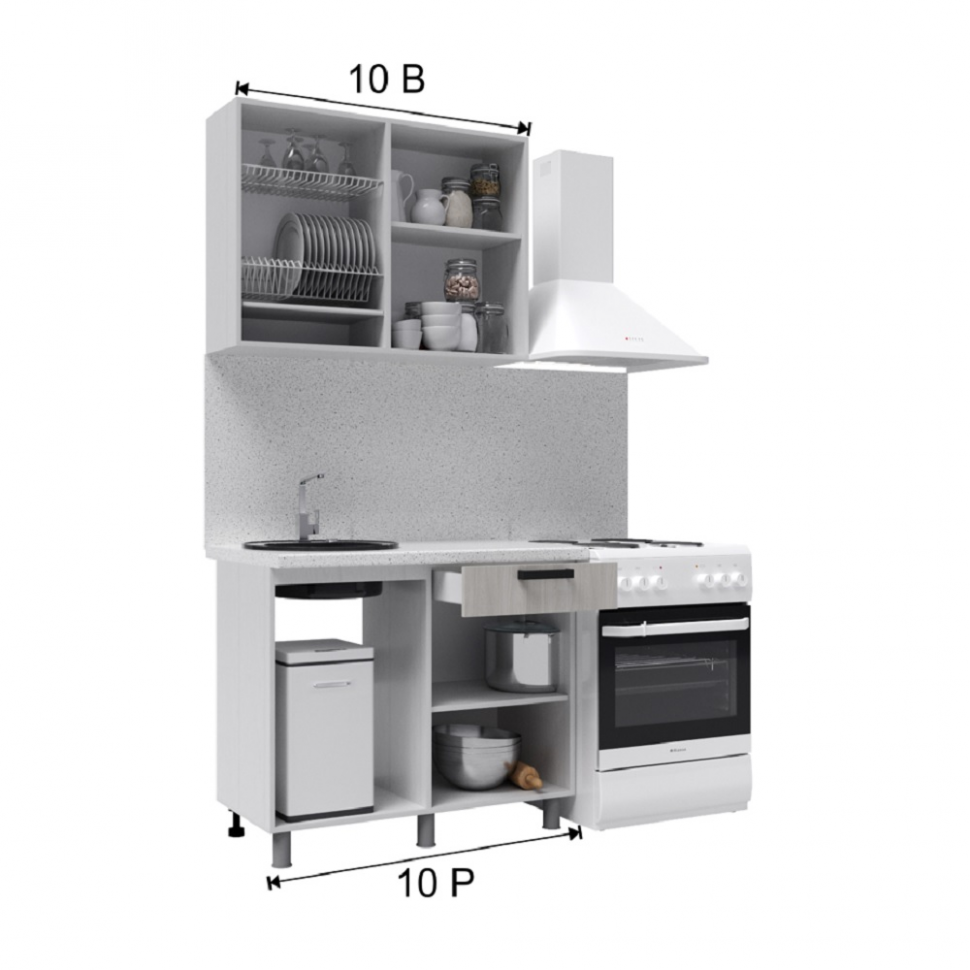 Кухня Танго 1 м с окапом, Белый, Дуб Шале