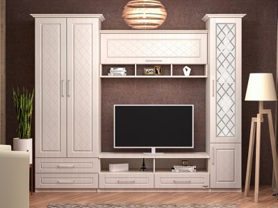 Гостиная Аллегро 9 Роммб компл. 2 с карнизами / Бодега белая/Сандал белый