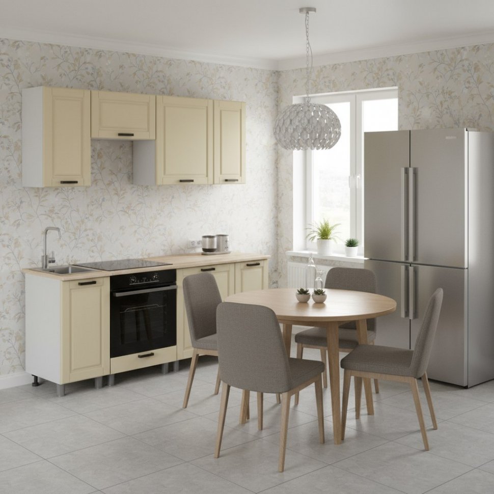 Кухня Аленушка 2 м Астра Крем,скоба черный,сонома