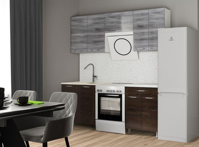 Кухня Танго 2 м с окапом, Шале серебро, Шале дуб мореный