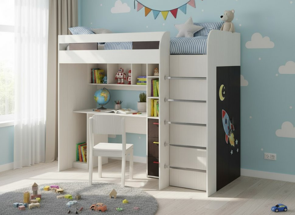 Лео кровать-чердак Ясень анкор светлый / Бодега темный