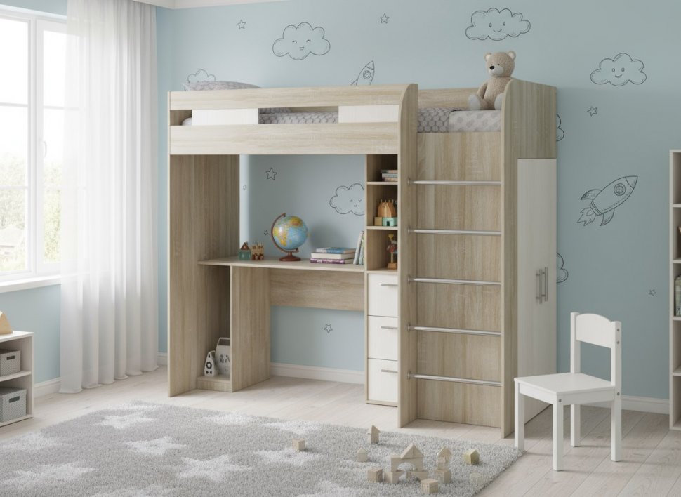 Лео кровать-чердак Дуб Сонома / Белый снег