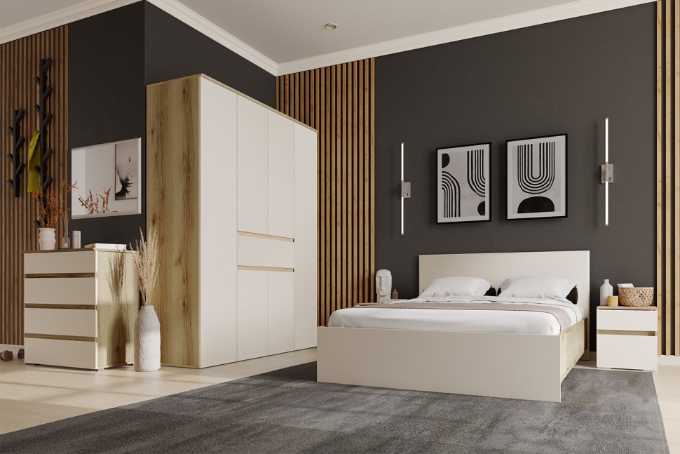 Кровать 160x200 с настилом из ДСП Плейона, Дуб Делано, Белый