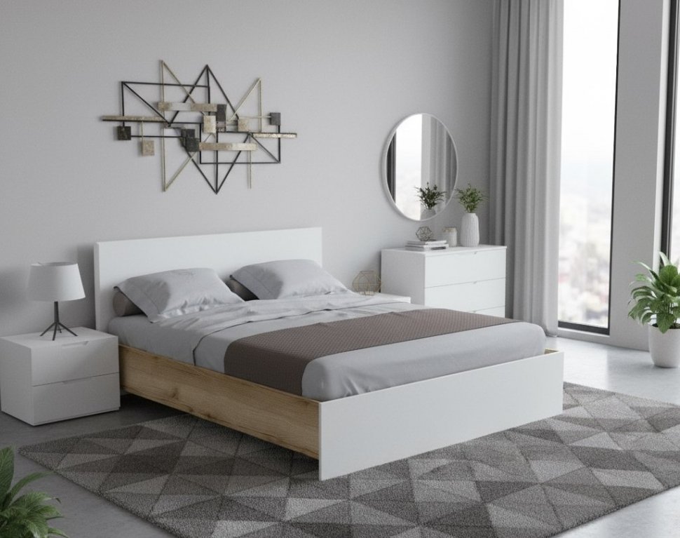 Кровать 160x200 с настилом из ДСП Плейона, Дуб Делано, Белый