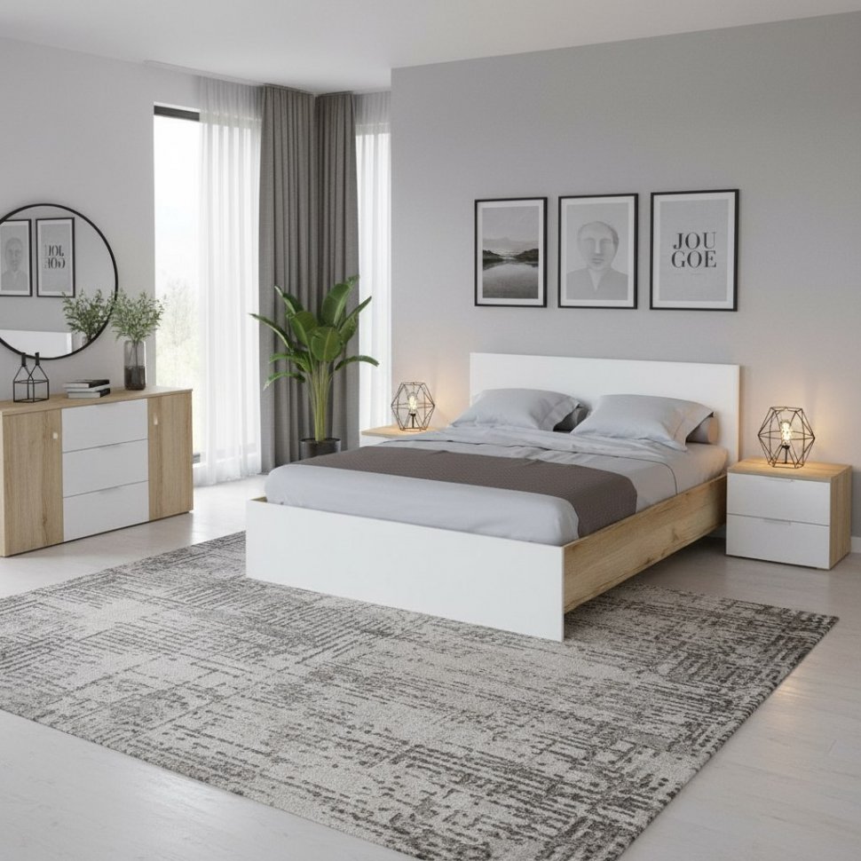 Кровать 160x200 с настилом из ДСП Плейона, Дуб Делано, Белый