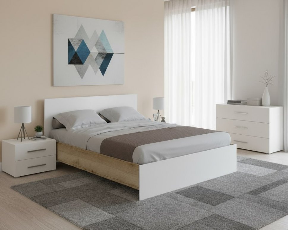 Кровать 160x200 с настилом из ДСП Плейона, Дуб Делано, Белый