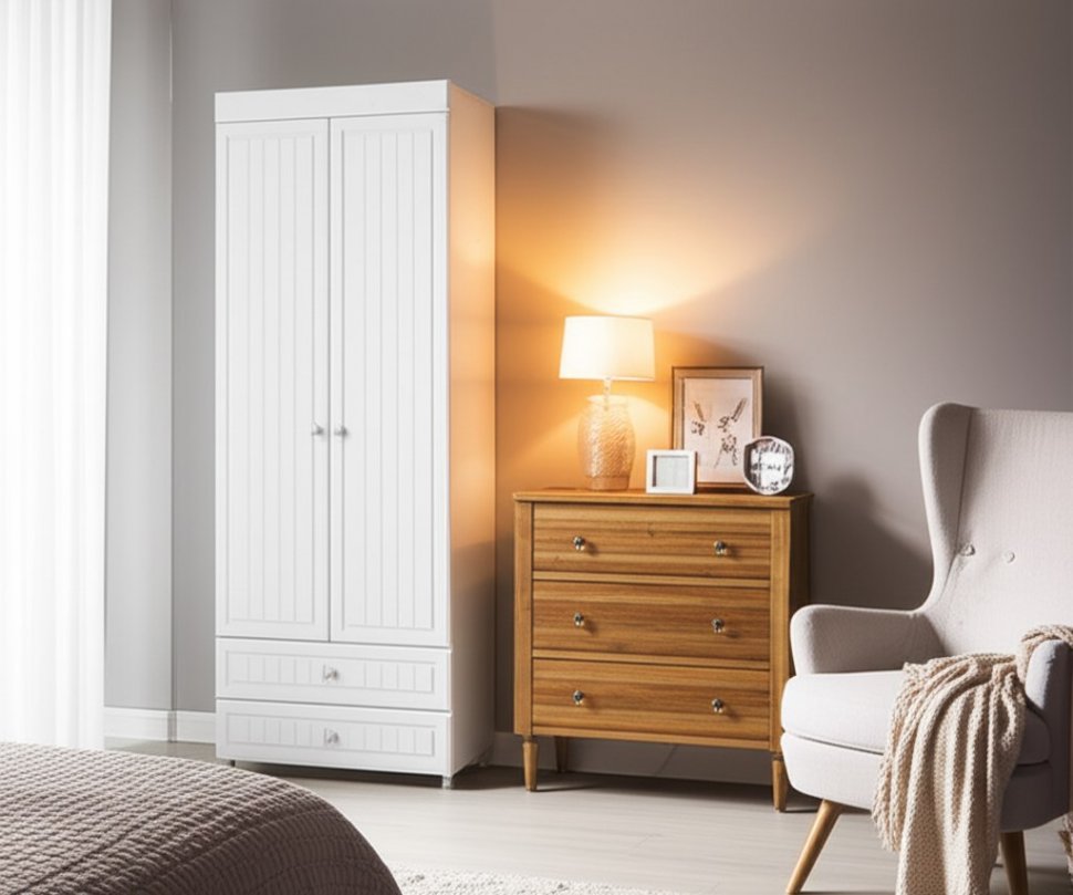 Шкаф 2-х дверный с ящиками (гл.410) Монако МН-44 белое дерево