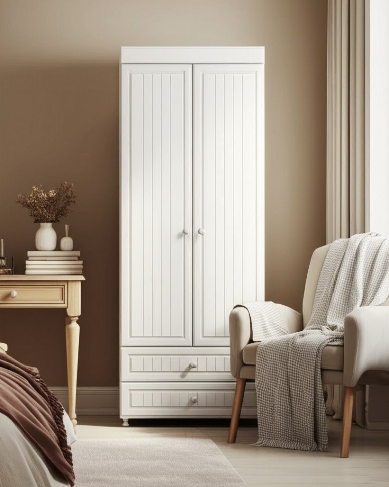 Шкаф 2-х дверный с ящиками (гл.410) Монако МН-44 белое дерево