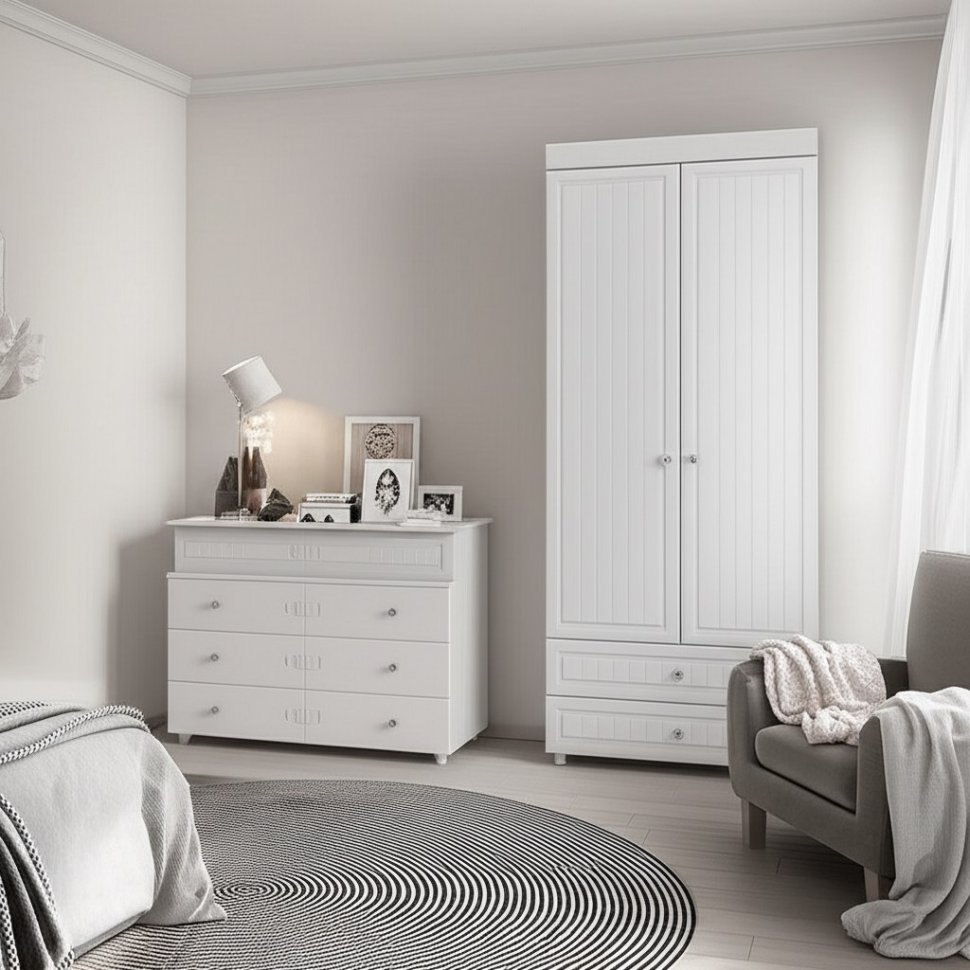 Шкаф 2-х дверный с ящиками (гл.410) Монако МН-44 белое дерево