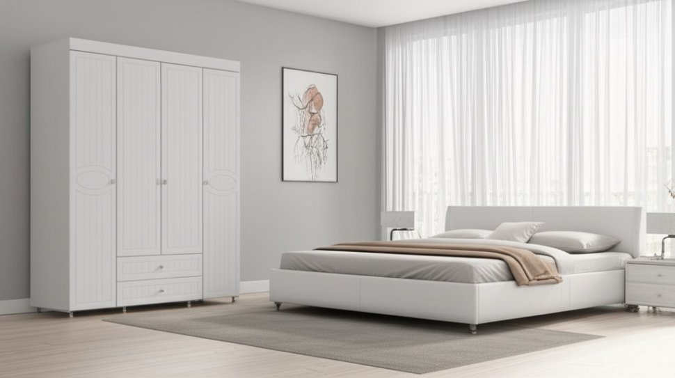 Шкаф 4-х дверный с ящиками Монако МН-62 белое дерево