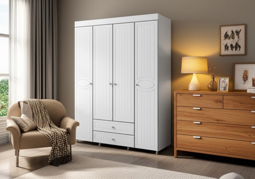 Шкаф 4-х дверный с ящиками Монако МН-62 белое дерево