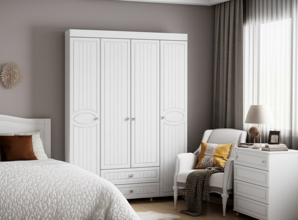 Шкаф 4-х дверный с ящиками Монако МН-62 белое дерево