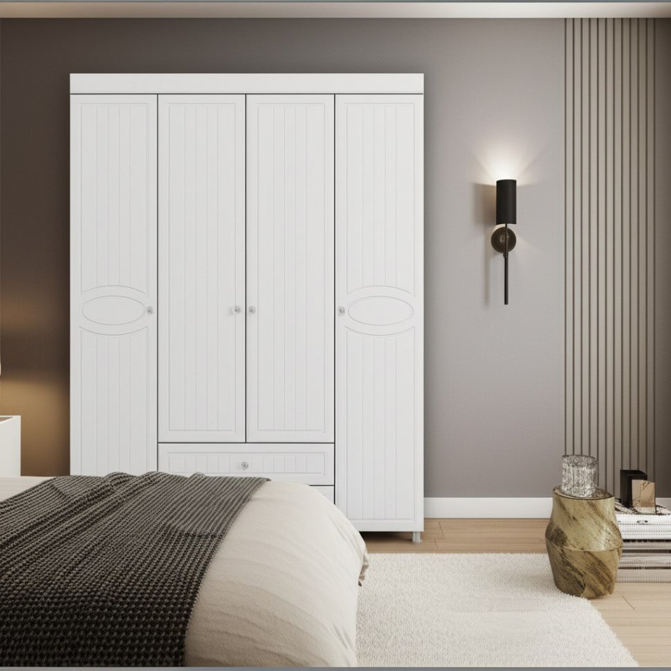 Шкаф 4-х дверный с ящиками Монако МН-62 белое дерево