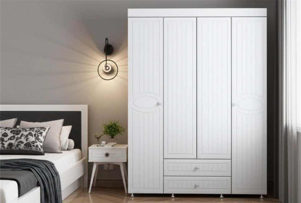 Шкаф 4-х дверный с ящиками Монако МН-62 белое дерево