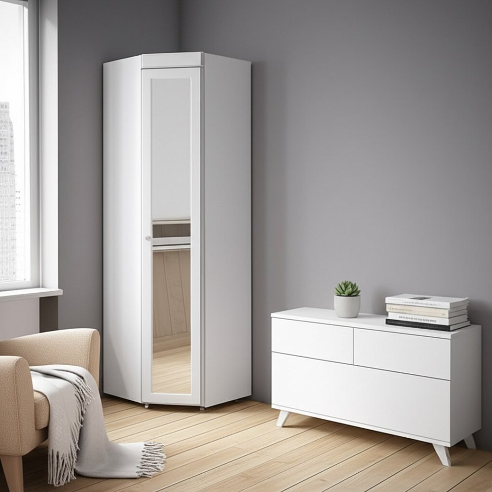 Шкаф угловой (гл.410) с зеркалом Монако МН-66 белое дерево