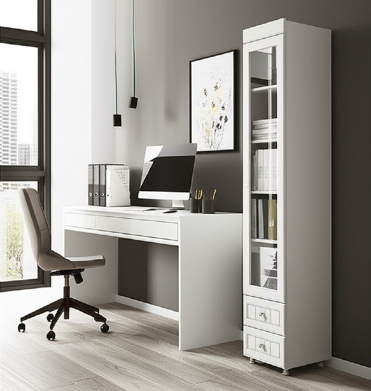 Шкаф-пенал 1дв. (гл.410) со стеклом и ящиками Монако МН-31 белое дерево