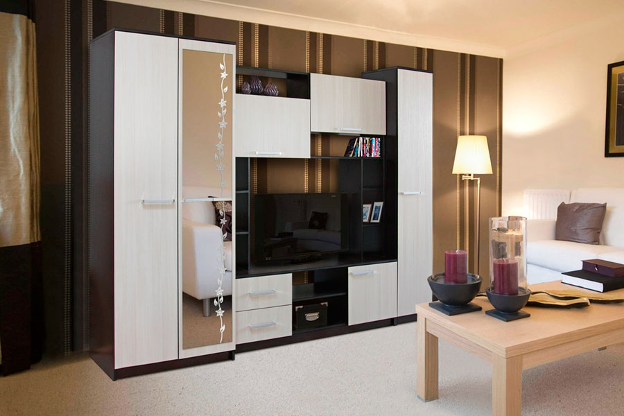 Стенки для гостиной в современном стиле со шкафом для белья с телевизором