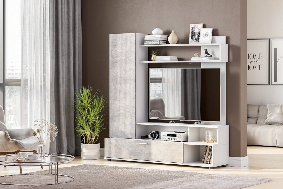 Стенка в гостиную МГС 9, белый/цемент светлый