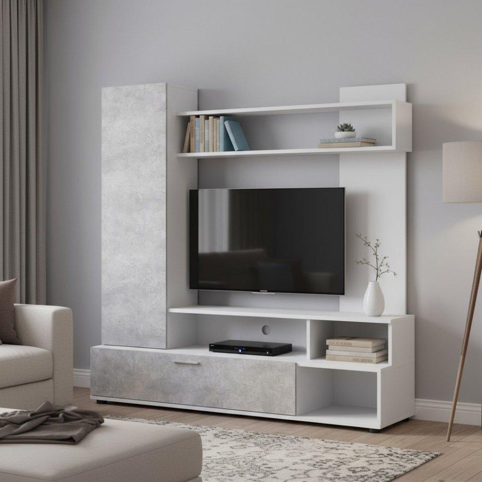 Стенка в гостиную МГС 9, белый/цемент светлый