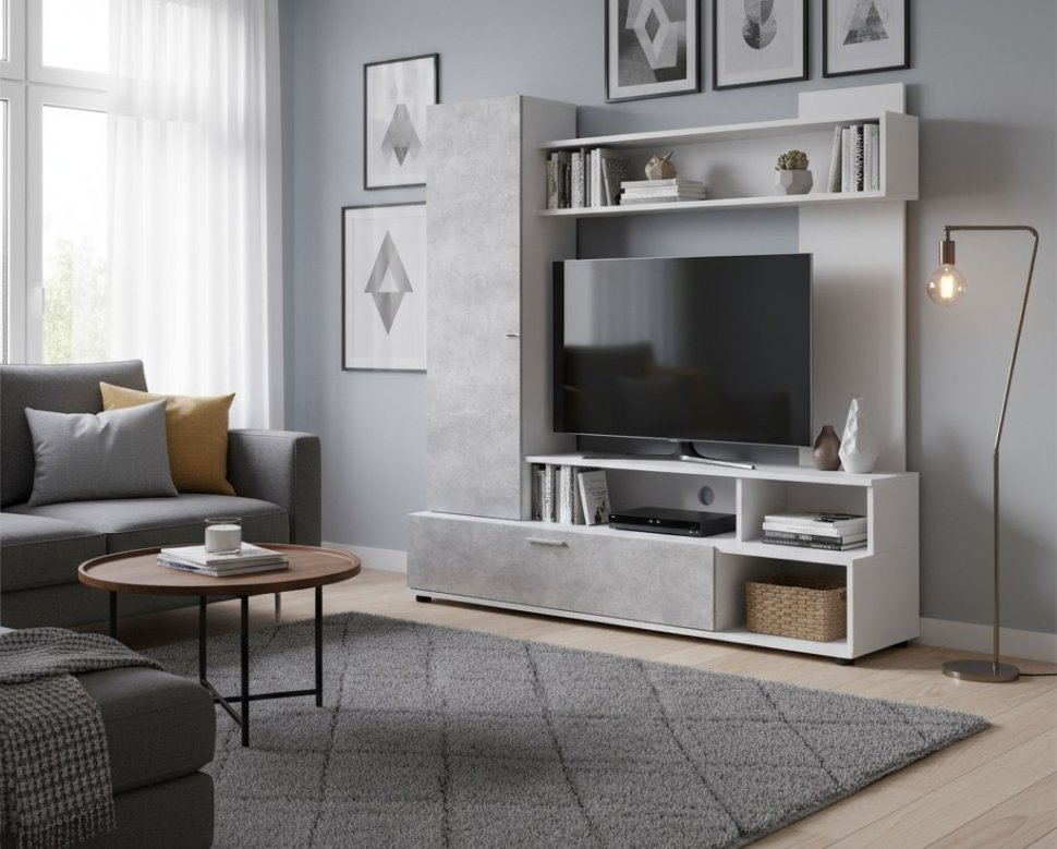 Стенка в гостиную МГС 9, белый/цемент светлый