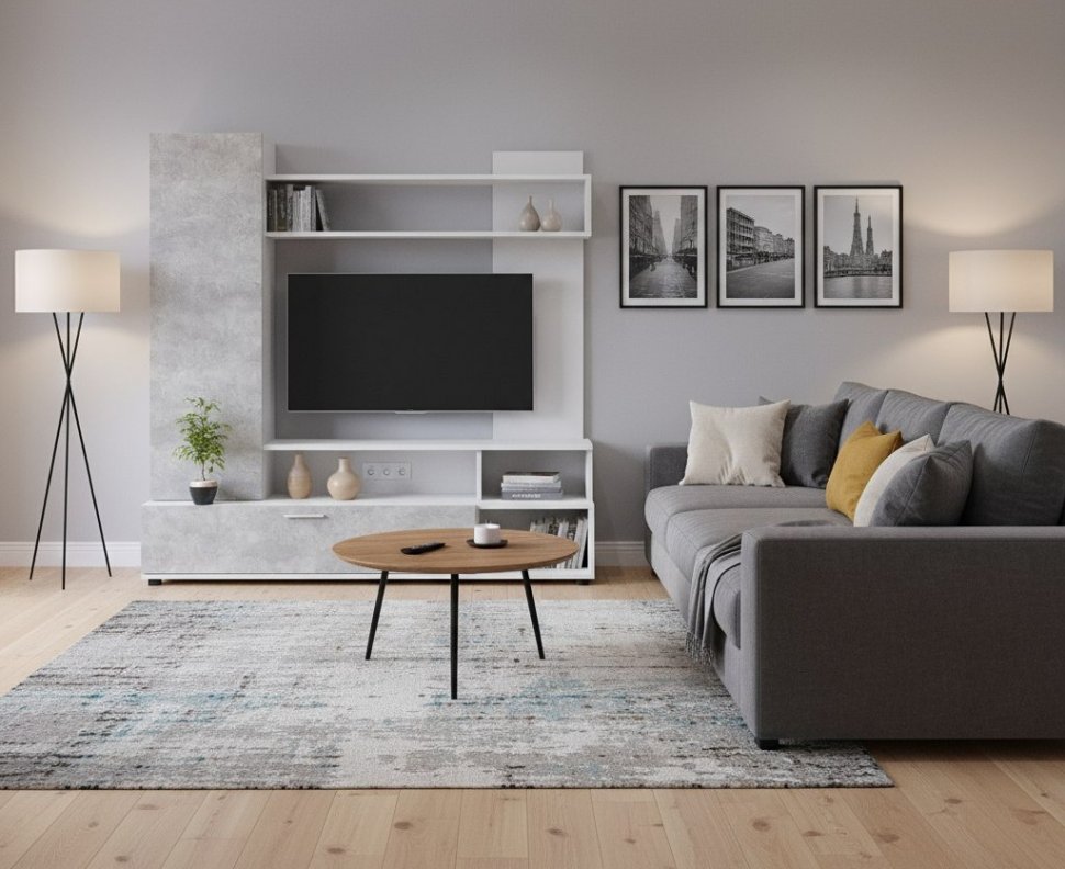 Стенка в гостиную МГС 9, белый/цемент светлый