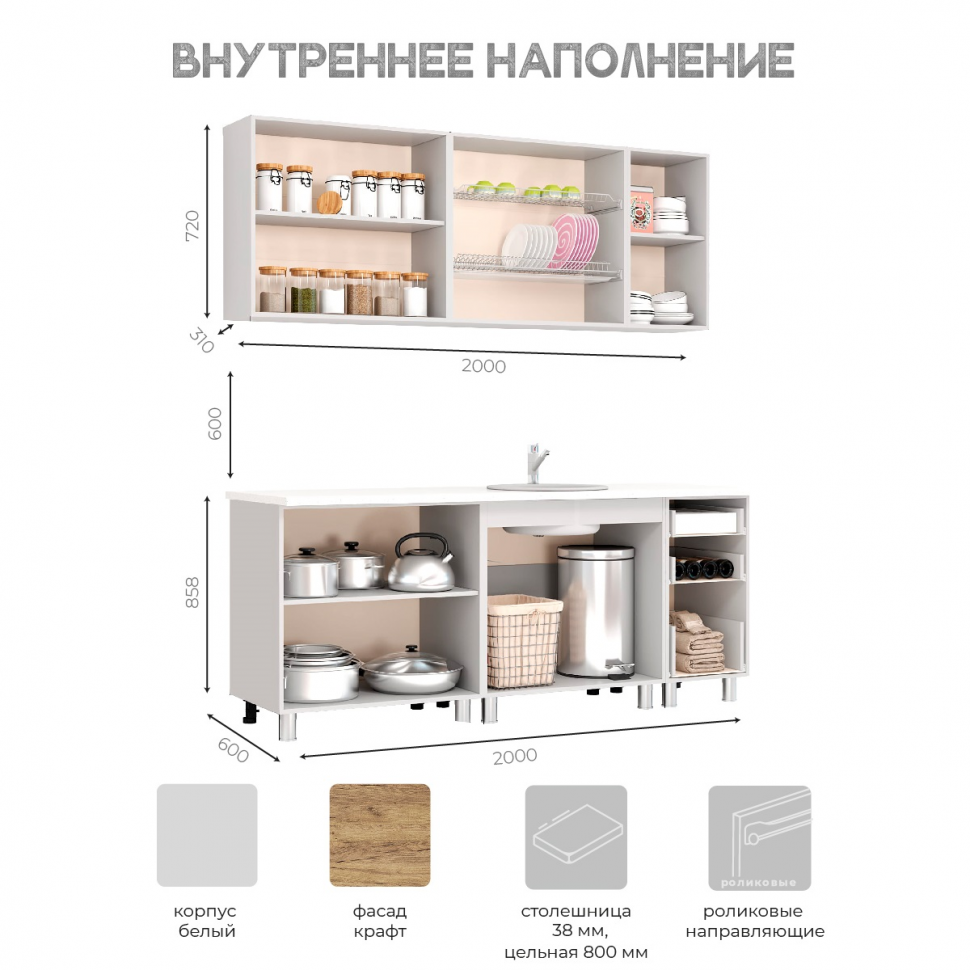 Кухня Крафт 2 м, Крафт, Черный янтарь