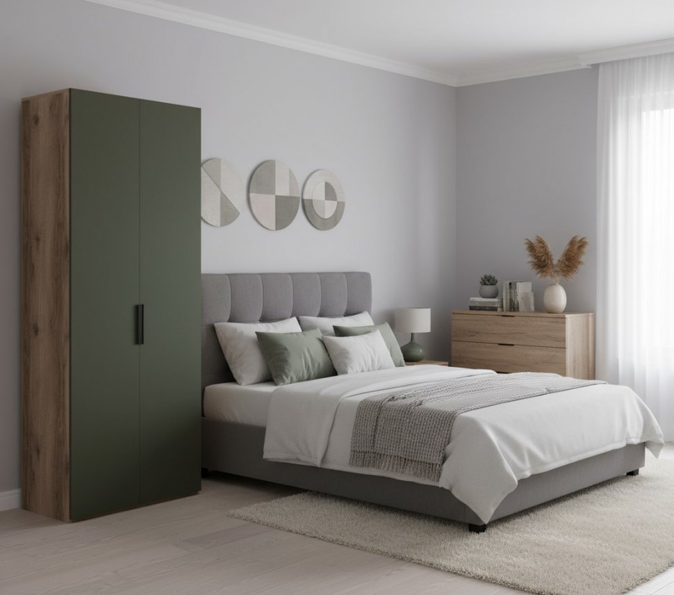 Харди шкаф двухдверный глухой Дуб Делано Темный / Зеленый