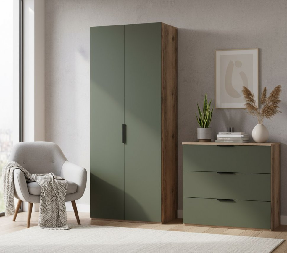 Харди шкаф двухдверный глухой Дуб Делано Темный / Зеленый