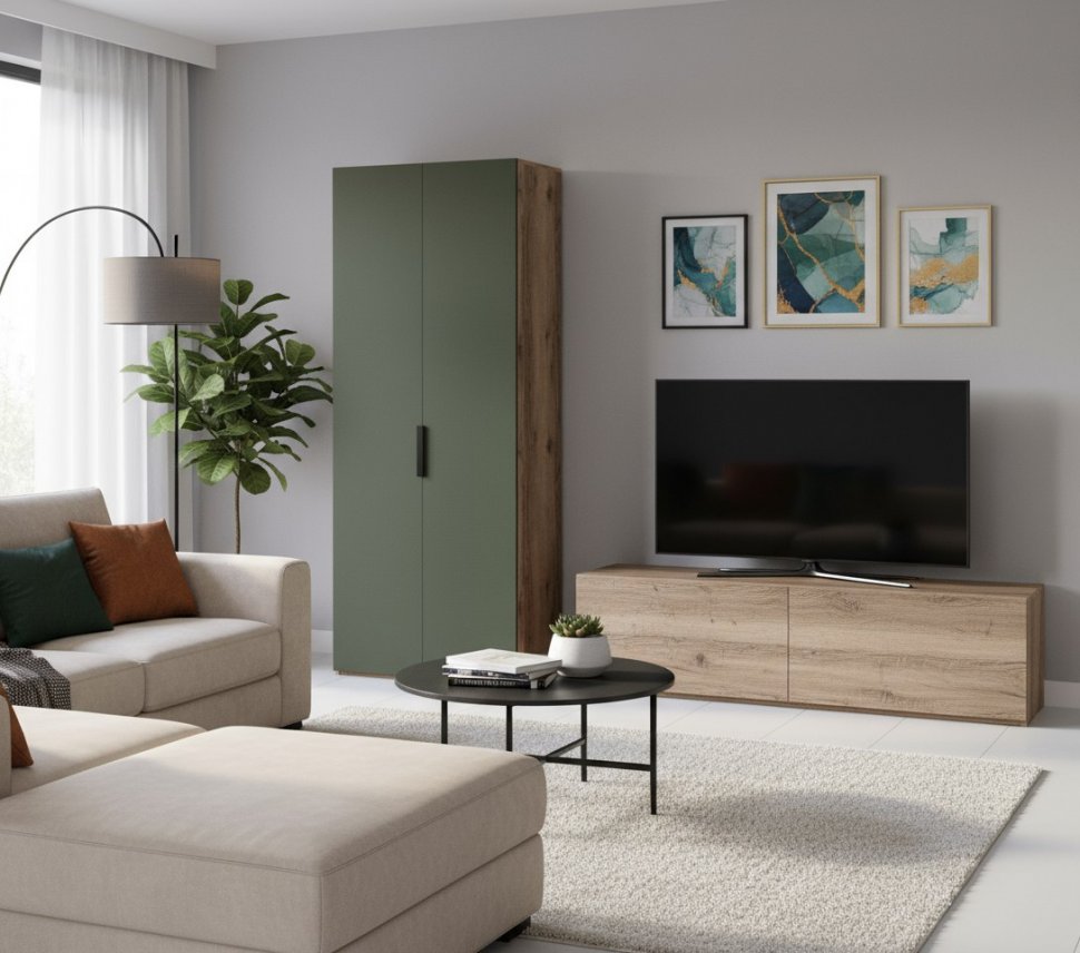 Харди шкаф двухдверный глухой Дуб Делано Темный / Зеленый