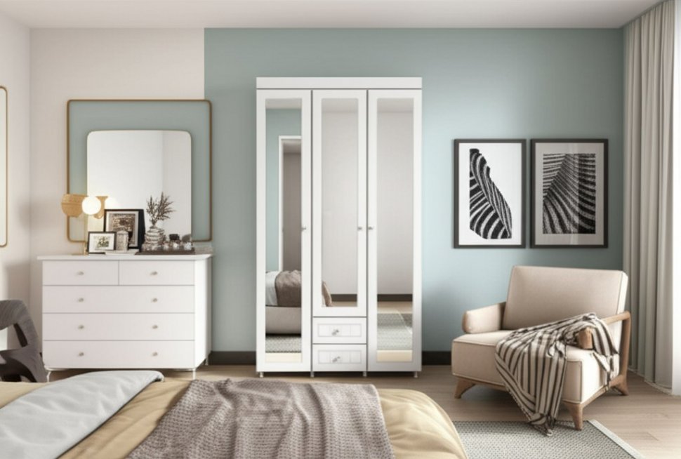 Шкаф 3-х дверный с ящиками и 3-я зеркалами Монако МН-58 белое дерево