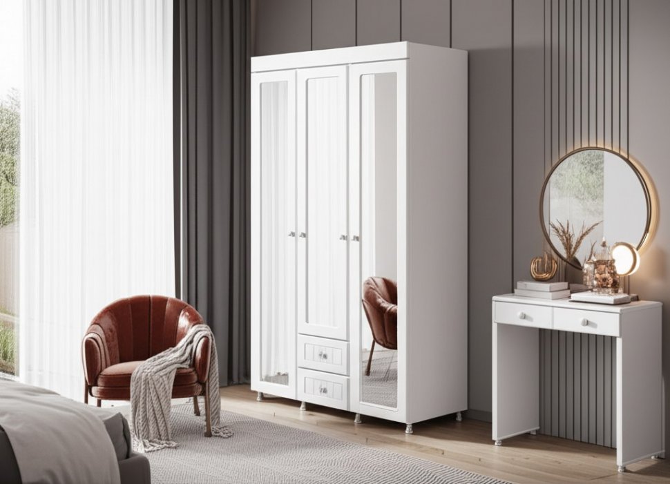 Шкаф 3-х дверный с ящиками и 3-я зеркалами Монако МН-58 белое дерево